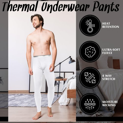 Cutecrop 3 Pack Men's Thermal Underwear Pants Fleece Lined Thermal Pant Leggings for Men Base Layer Bottoms(X-Large,Black, Gray,White)