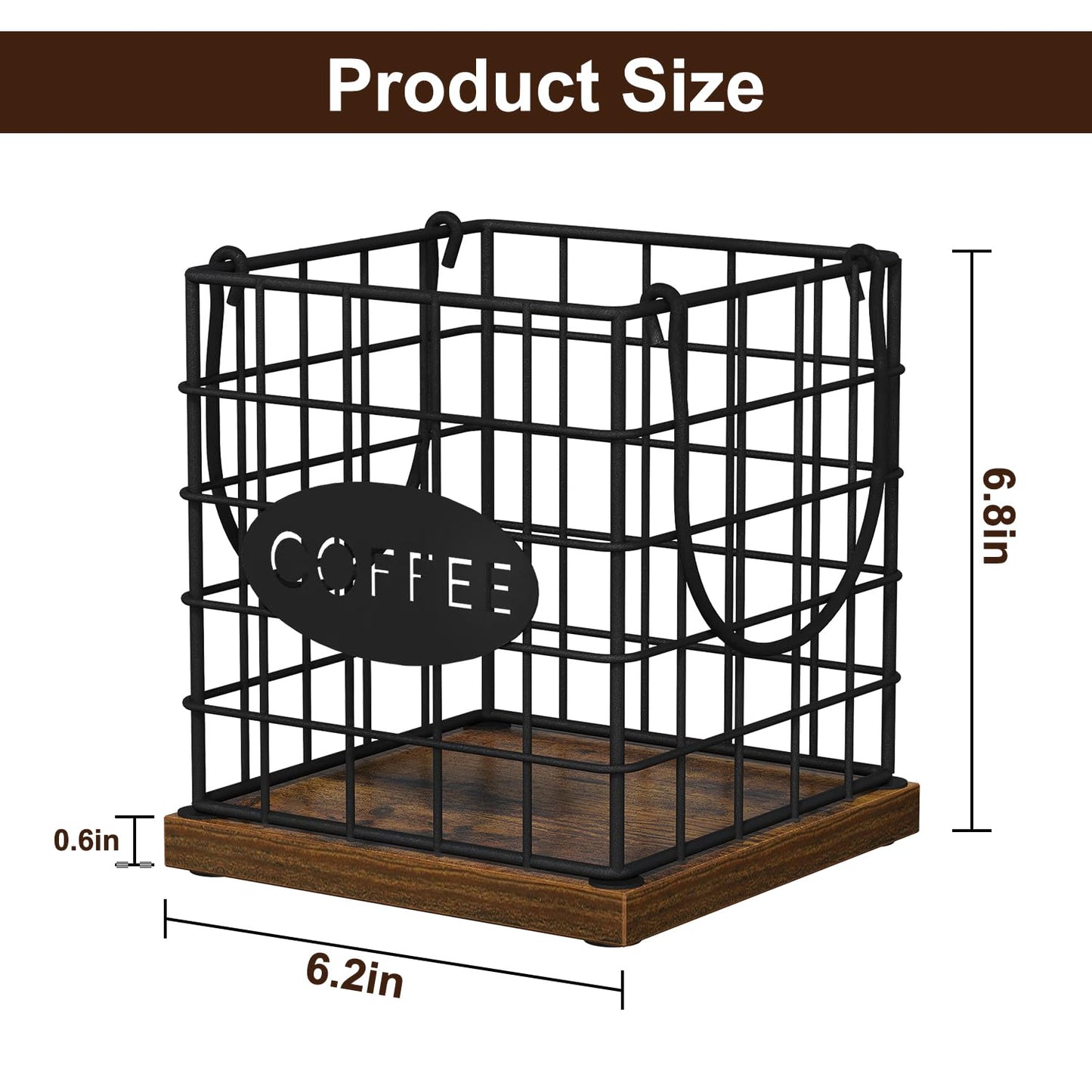 YINMIT K Cup Holder Organizer, Rustic Coffee Pod Holder Organizer, 35 Kcup Holder for Counter with Handle，Large Capacity Black Wire Coffee Capsule Basket for Kitchen Office Desktop (Square Grid)