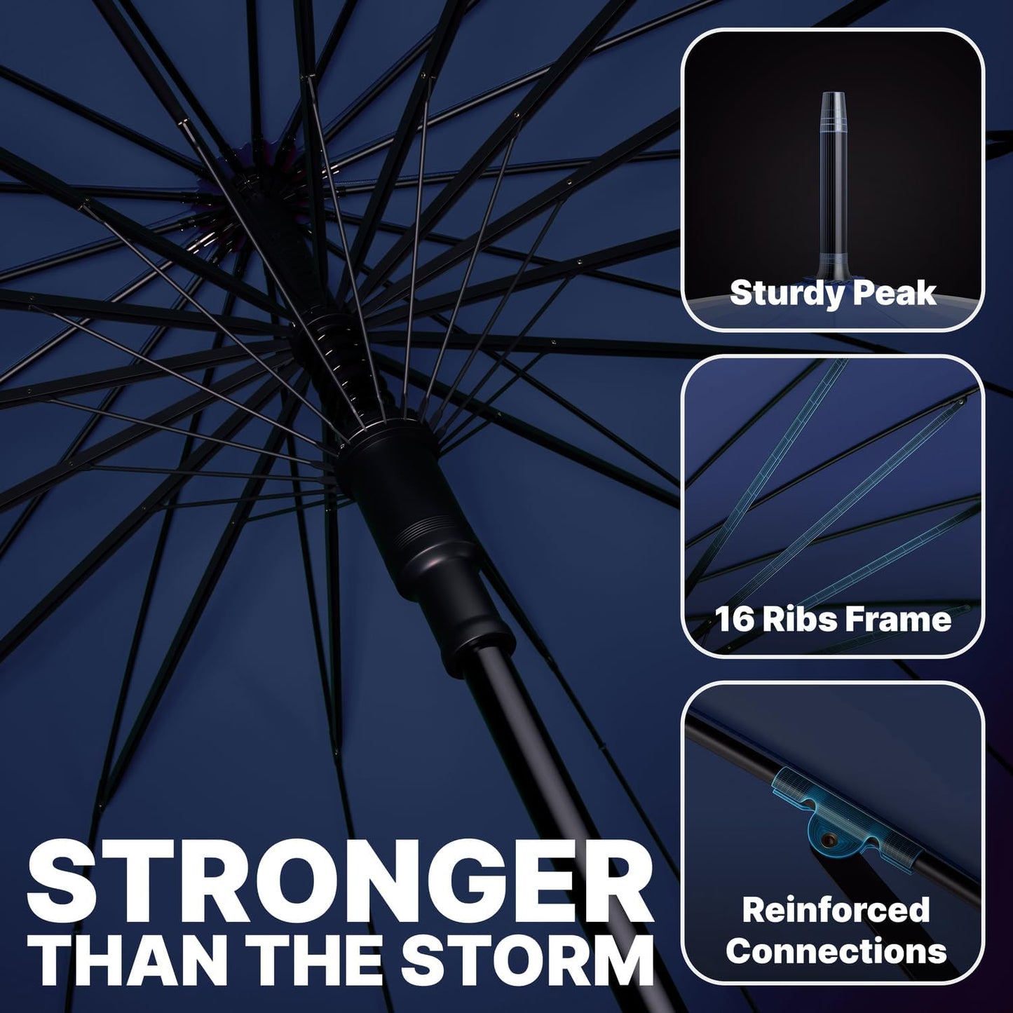 Royal Walk Large Windproof Umbrella for 2 - Navy Blue, 54 Inch, Auto Open, Wooden Handle