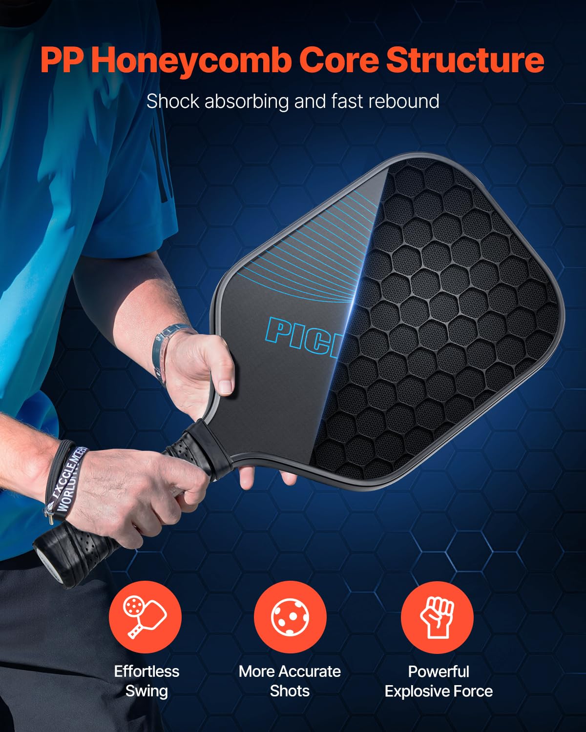 VEVOR Pickleball Paddle, T700 Carbon Fiber Surface & Honeycomb Core, Professional Pickleball Paddle with Increased Power & Control & Spin, Pro Pickle Ball Racket for Adults, Men & Women, Blue