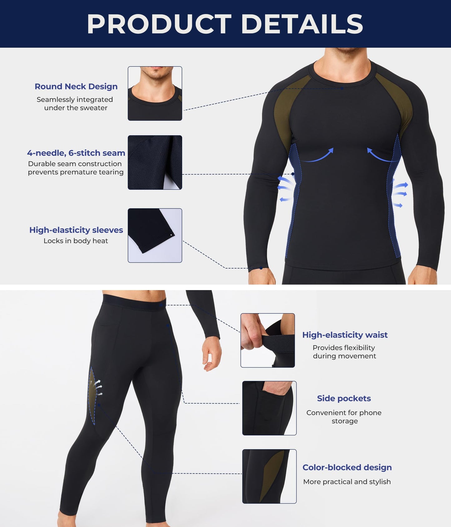 TAILONG Thermal Underwear for Men Long Johns With Fleece Lined Base Layer Hunting Gear Bottom Top Set for Cold Weather Black