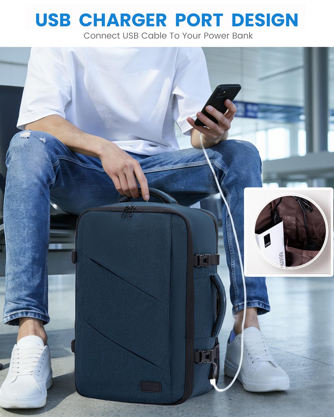 LOVEVOOK Travel Backpack, 40L Extra Large Carry on Backpack, Peersonal Item Bag Flight Approved, Anti-Theft Water Resistant 17 Inch Weekender Backpack for Men Women, with USB Port, Navy Blue