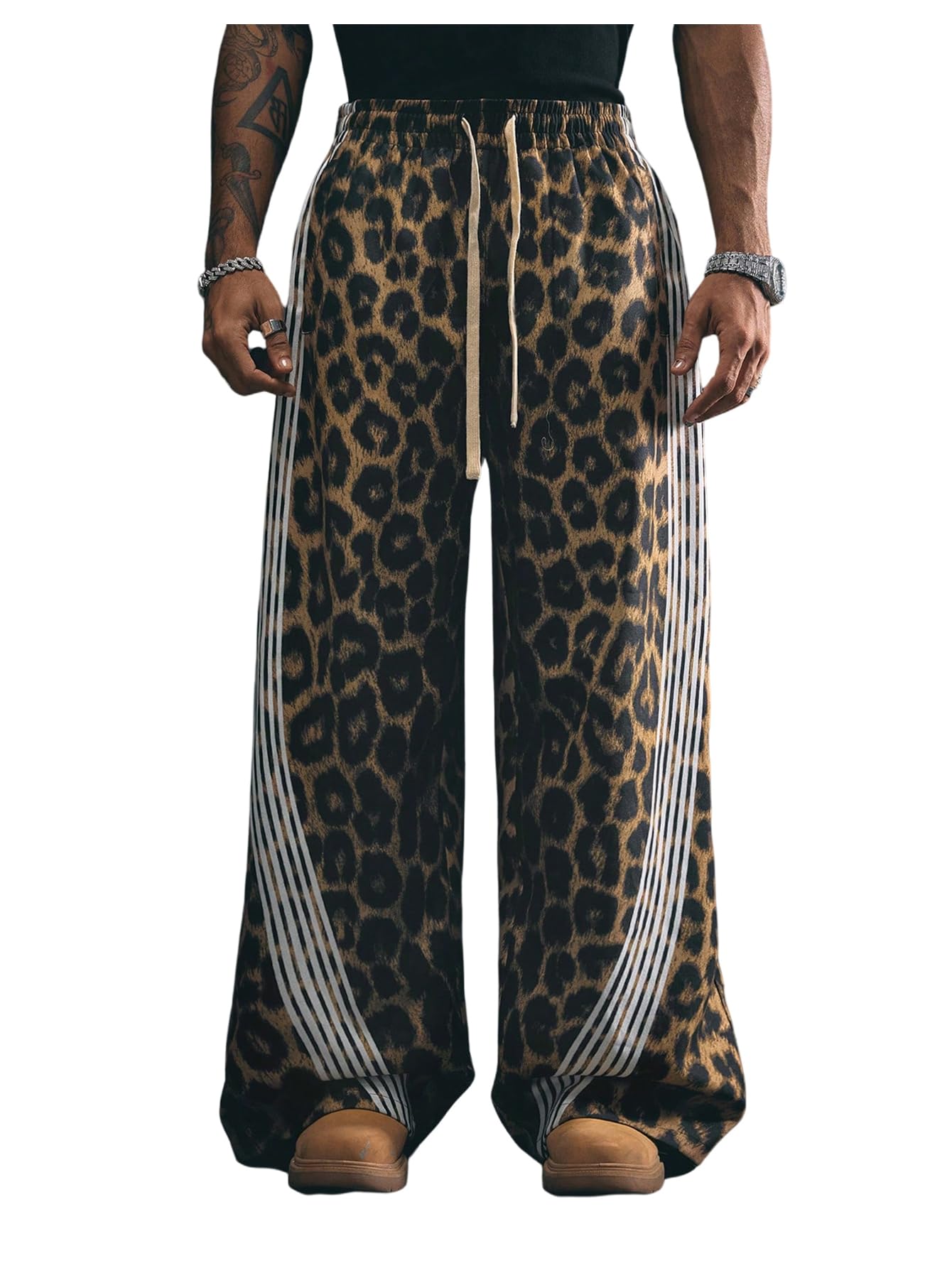 GORGLITTER Men's Cheetah Leopard Print Jeans Striped Baggy Sweatpants Wide Leg Drawstring Track Pants with Pockets Brown White Black Large