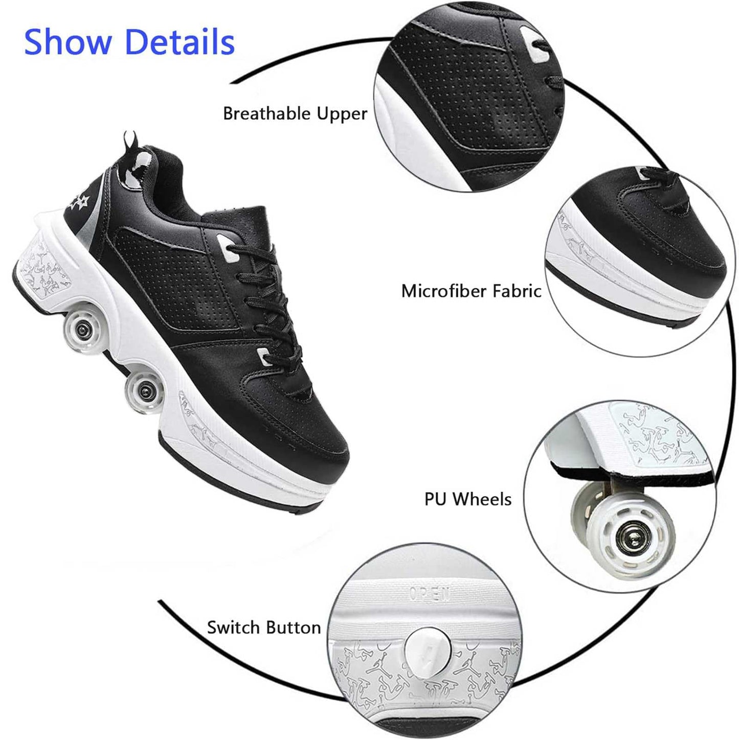 UonrvaoN Roller Skate Shoes for Men, Double-Row Deform Wheel Automatic Walking Shoes, Retractable Roller Skate, Shoes with Wheels, Skating Shoes for Outdoor Fun & Fitness Black Silver, 6.5