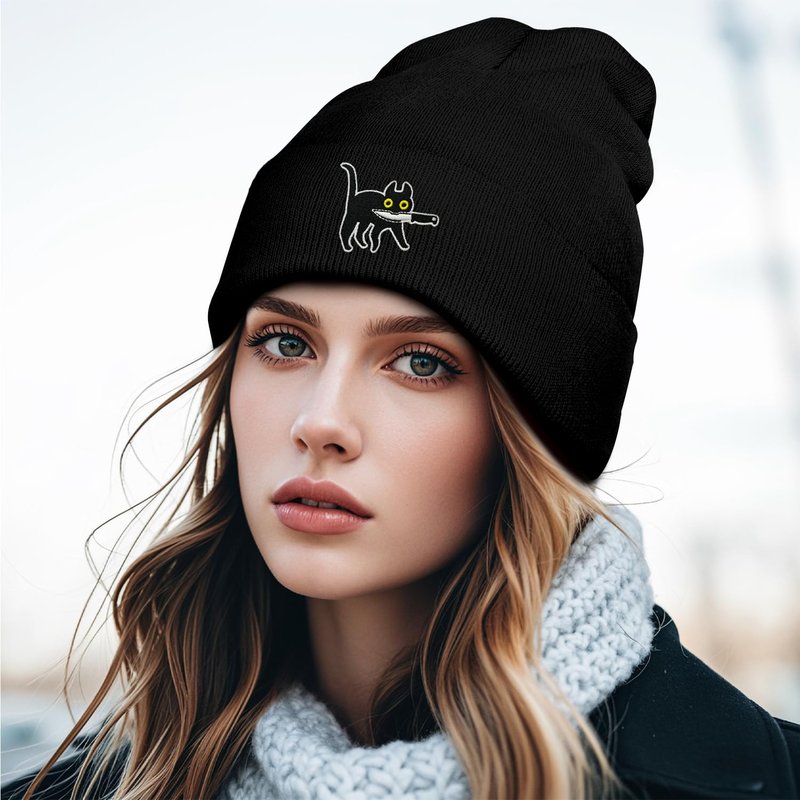 Funny Cat Beanies, Cute Gothic Cool Cat Knit Hat for Men and Women (Knife Cat)