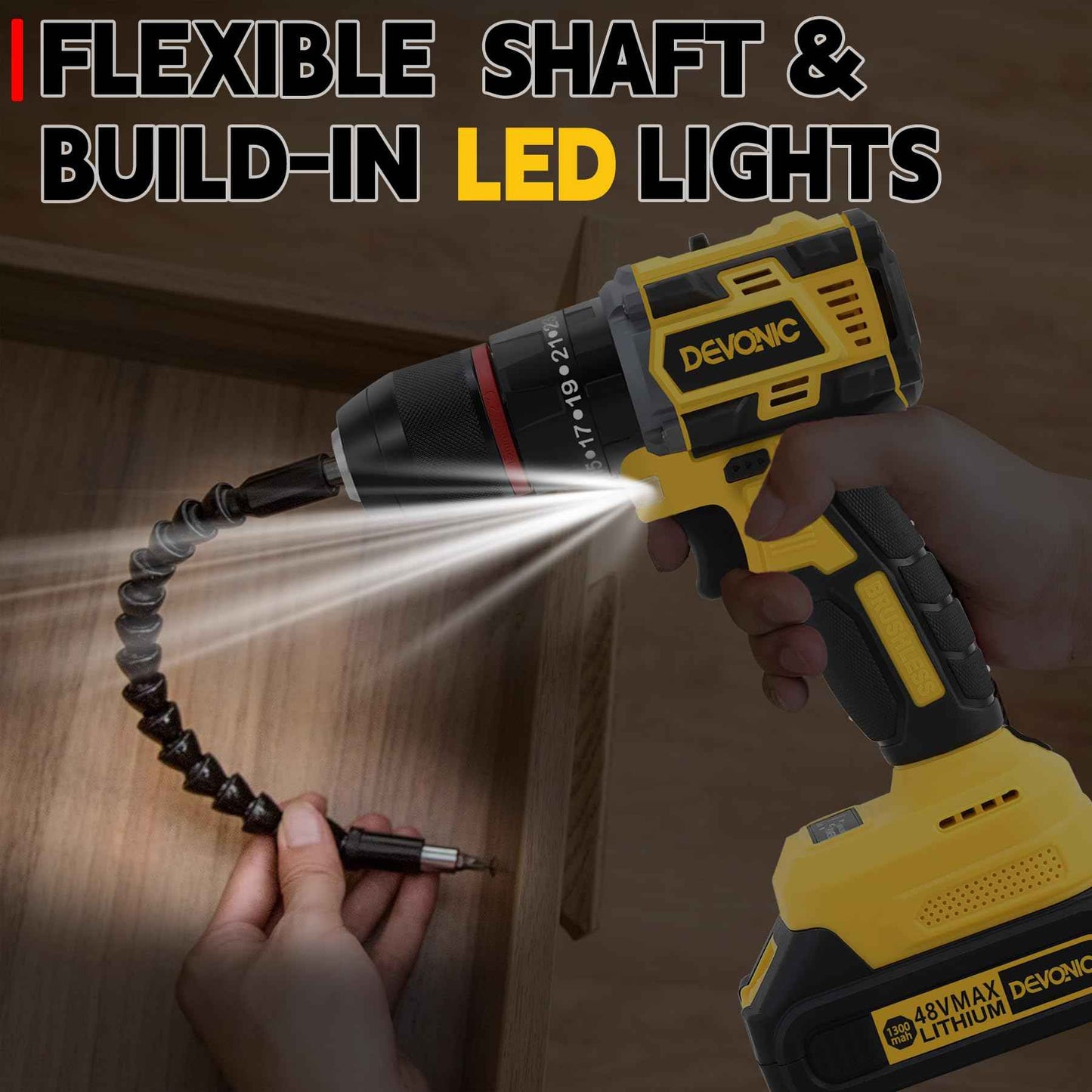 DEVONIC 21V Brushless Cordless Drill, 2 Battery and Fast Charger,1/2 Inch Keyless Chuck Torque 450 In-lb,2 Variable Speed 23+3 Clutch with Impact