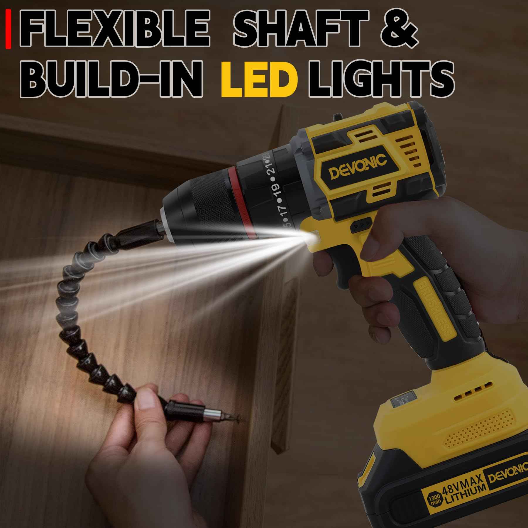 DEVONIC 21V Brushless Cordless Drill, 2 Battery and Fast Charger,1/2 Inch Keyless Chuck Torque 450 In-lb,2 Variable Speed 23+3 Clutch with Impact