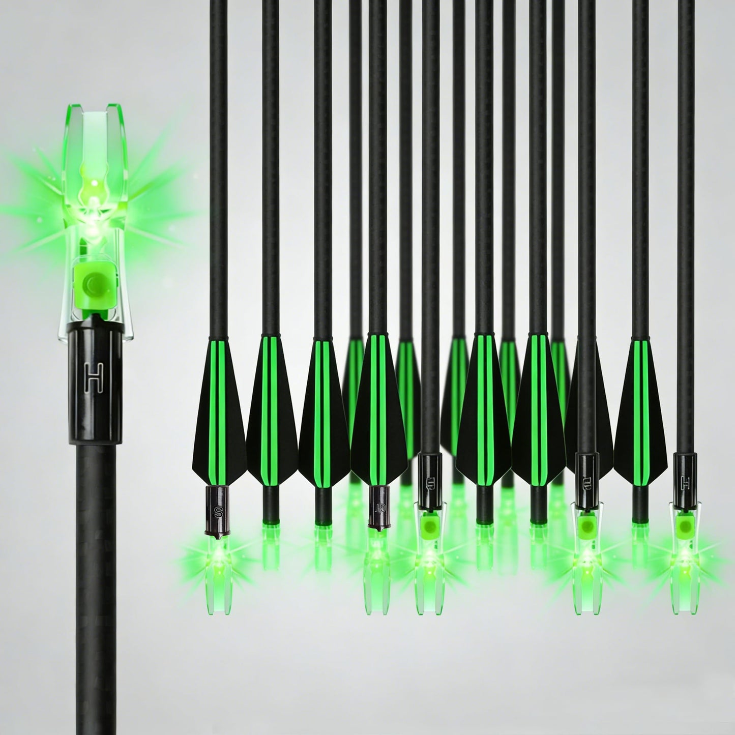 NoxDyn 12-Pack Green LED Lighted Nocks - Auto-Illuminated, High Visibility, Universal Fit .204 .233 .244 .246 ID X/H/S/GT Bushings