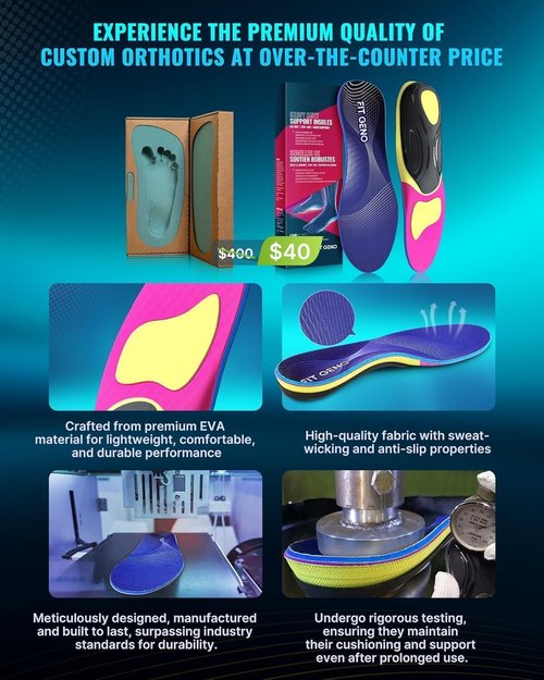 Geno Orthotics Arch Support Insoles - Heavy Duty Inserts for Plantar Fasciitis Relief | Fits Work Boots & Sneakers (Women’s 8-9 / Men’s 6-7)