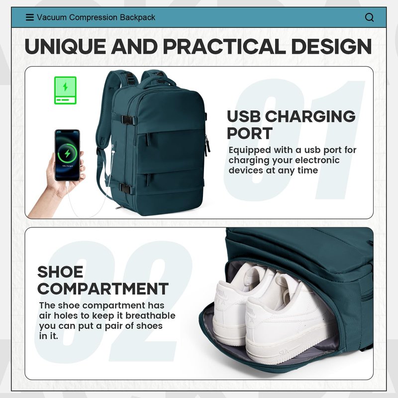 UPPACK Vacuum Travel Backpack for Women Men Large Carry on Backpack Flight Approved Personal item Travel Bag Essentials With Vacuum System,Wet and Dry Separation Bag Peacock Blue NO Pump