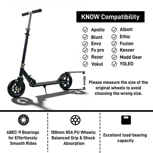 VORTRACK Pro Kick Scooter Replacement Wheels 100mm Pair - High-Speed Smooth Bearings Installed, Heavy Duty PU Wheels for Universal Scooter Repair (Black)