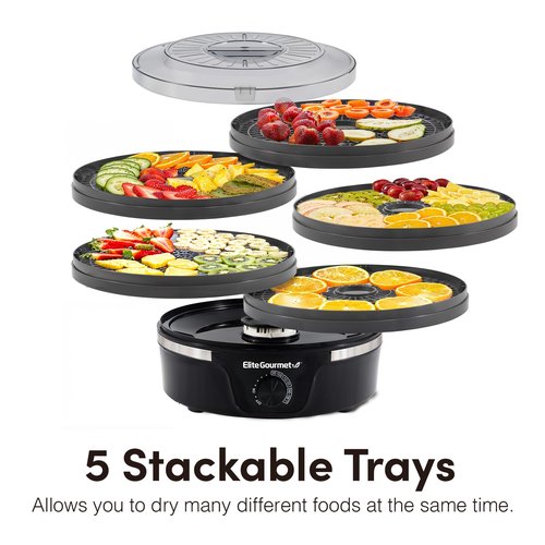 Elite Gourmet EFD319BNG Food Dehydrator, 5 BPA-Free 11.4" Trays Adjustable Temperature Controls, Jerky, Herbs, Fruit, Veggies, Dried Snacks, Black and Grey, 5 Trays