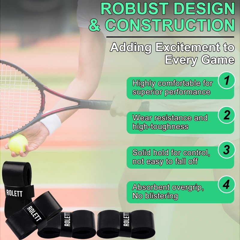 Rolett 12 Pack Tennis Racket Grip Tape, Precut Anti Slip Tennis Grip Tape, Absorbent and Dry Feel Tennis/Pickleball/Badminton Grips Overgrip Tape, Highly Comfortable Overgrip Tennis Racket Tape