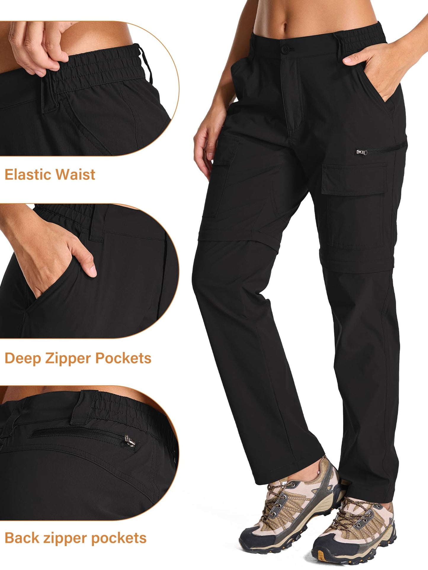 Womens Hiking Pants Convertible Quick Dry Lightweight Zip Off Outdoor Safari Pants with Cargo Pockets,2195,Black,10