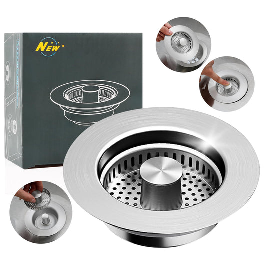 3-in-1 Stainless Steel Kitchen Sink Drain Strainer – Pop-up Sink Stopper with Sealing Ring, Anti-Clog & Odor-Proof Drain Filter, Fits 3-1/2 Inch Sink Drain Holes, Easy Installation