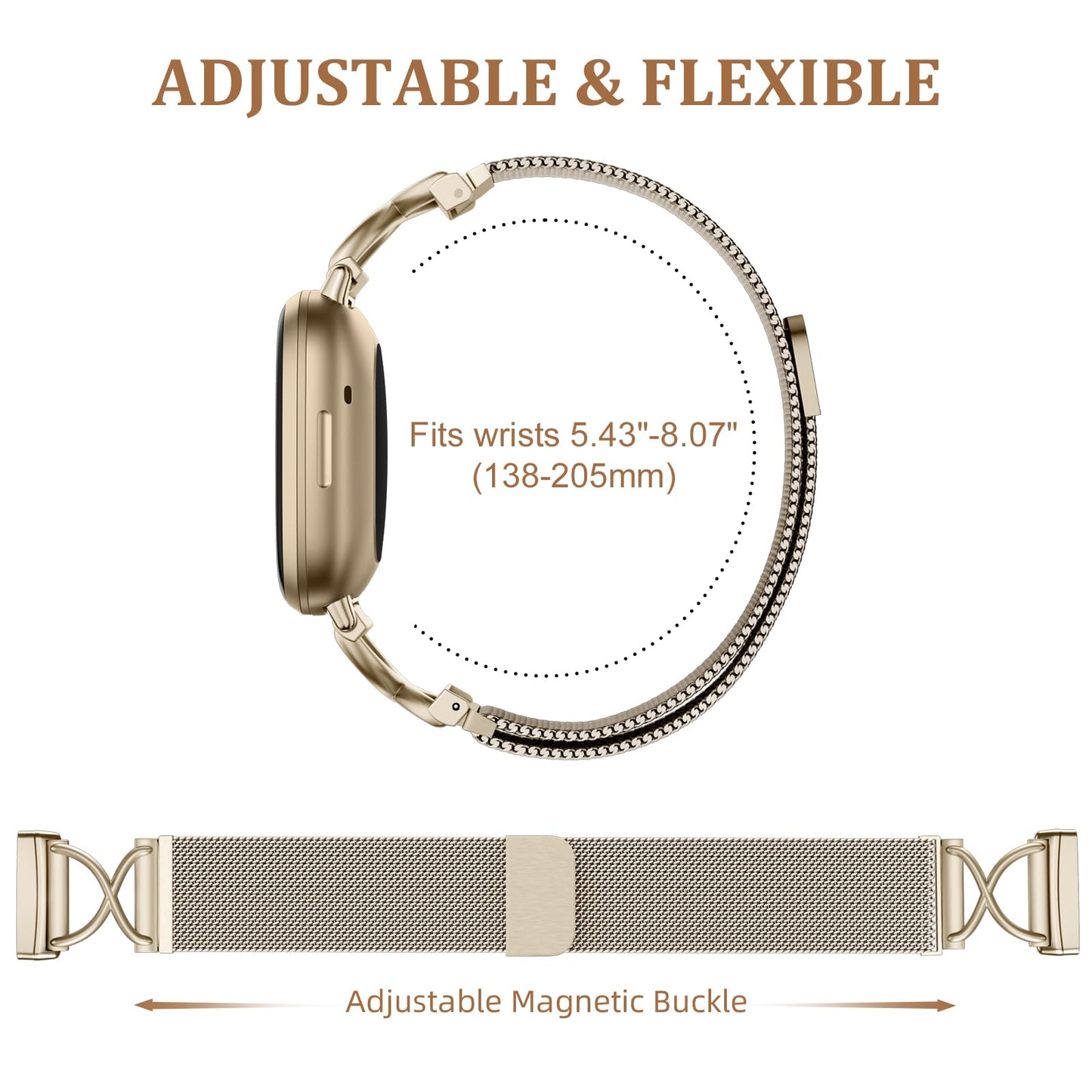 JKD Metal Bands Compatible with Fitbit Sense 2/Versa 3/Sense/Versa 4 Bands for Woman Men, X-Shape Stainless Steel Strap Mesh Replacement for Fitbit Versa 4/Sense 2 Smartwatch, Champagne Gold