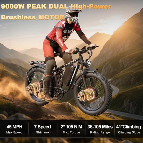 9000W Dual Motor Ebike - 24" Fat Tire Electric Bike for Adults | 45MPH Speed, Long Range 52V 34Ah, Full Suspension