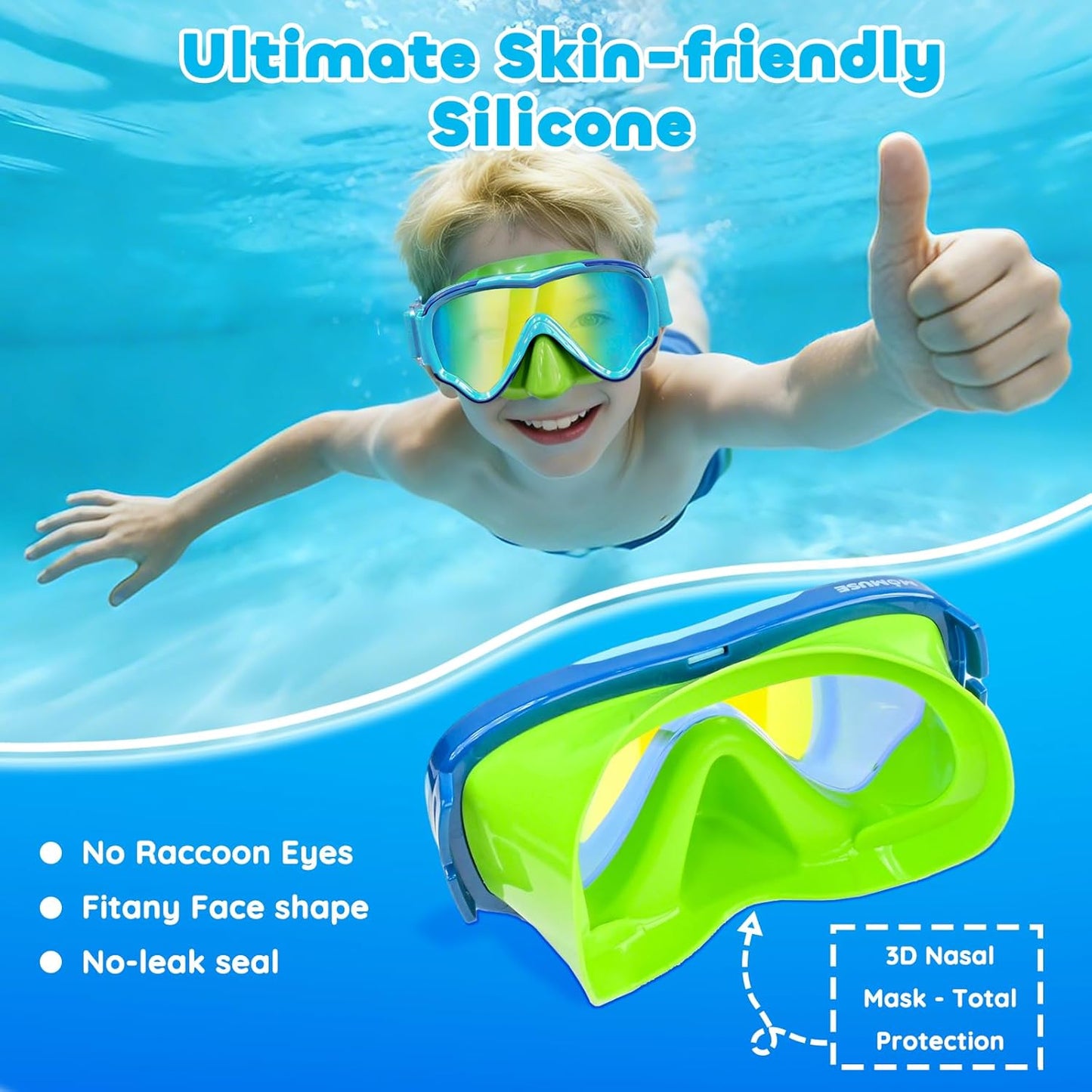 MOMUSE Kids Swim Goggles - Soft Fabric Strap, 3D No-Leak Design & UV Protection for Ages 3-14