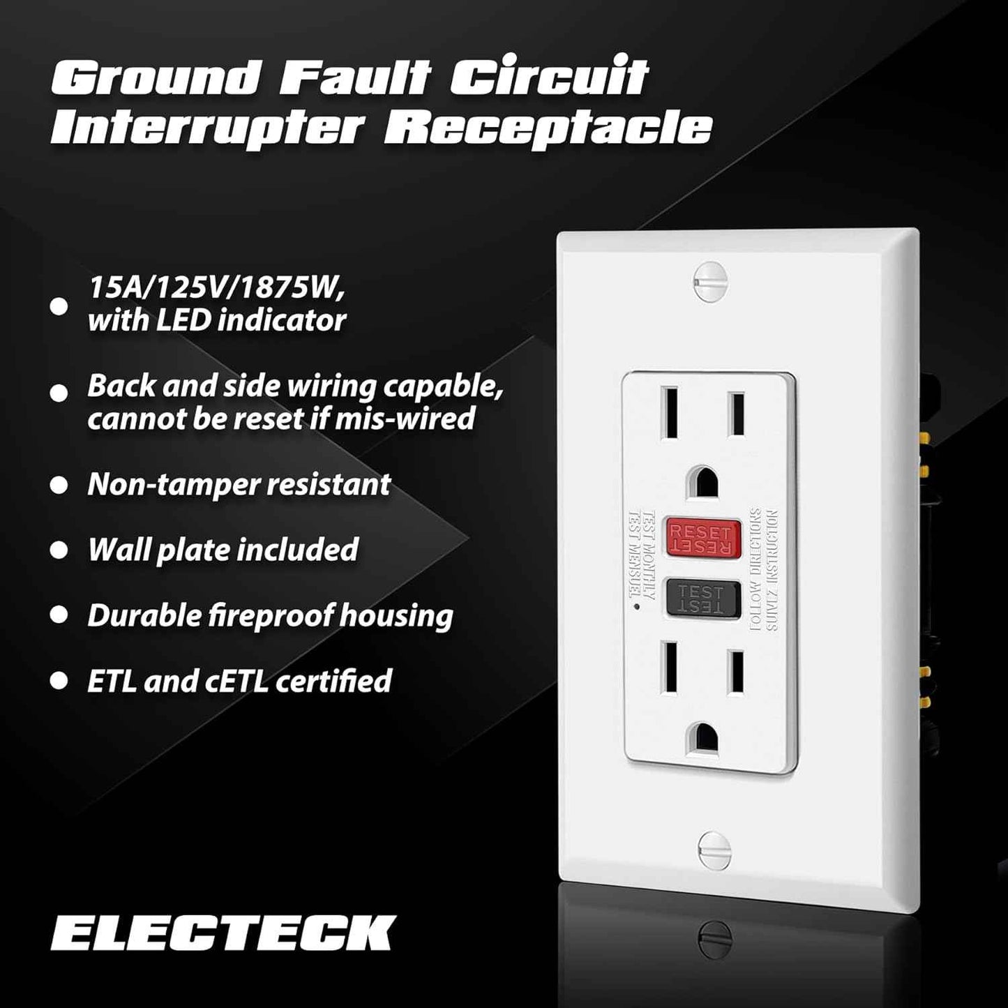 GFCI Outlets 10 Pack - 15 Amp Decor Receptacles with LED Indicator & Wallplate