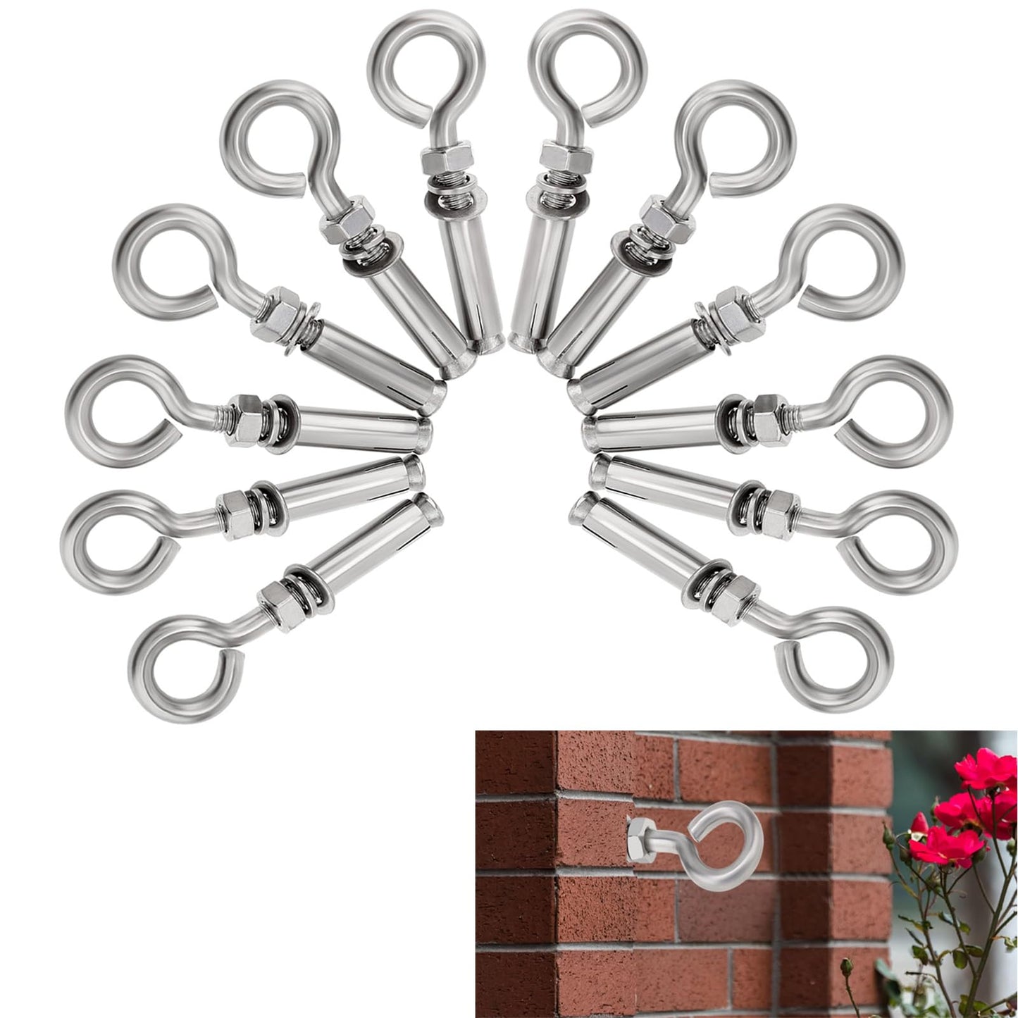 Concrete Eye Bolts 12Pcs, M6 Eyebolt Bolts Stainless Steel Concrete Anchor Eyebolt Screw Hooks, Heavy Duty Brick Anchors Eyebolts Expansion Screw Lifting Ring Bolt Fastener 1/4inch for Concrate Wall