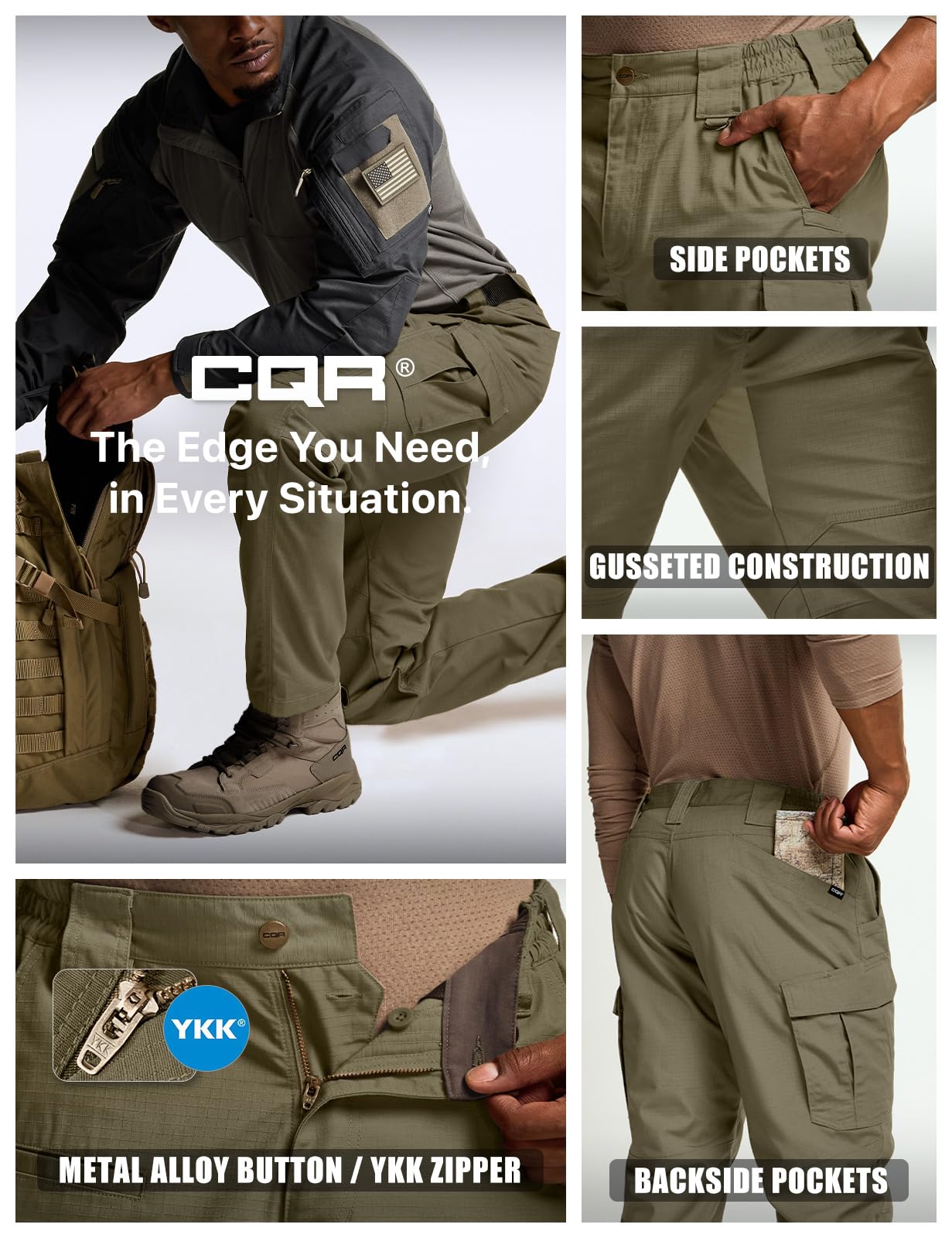 CQR Men's Tactical Pants, Water Resistant Ripstop Cargo Pants, Lightweight EDC Work Hiking Pants, Outdoor Apparel, Raider Mag Pocket Soil Green, 44W x 32L