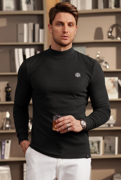 Herberton Men's Casual Gentle Shirts Long Sleeve Cozy Pullover Fleece Retro Solid Color Basic Winter Turtle Neck Regular Fit Solid Classic Warm Plain Comfortable Sweater Black L