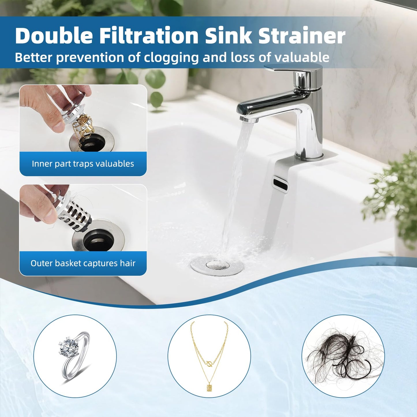 iFealClear Upgraded 4-in-1 Bathroom Sink Drain Stopper Hair Catcher, Universal Pop Up Strainer with 2-Layer Removable Stainless Steel Filter Basket, Anti-clog Sink Plug for 1.1"-2.36" US Basin, Chrome