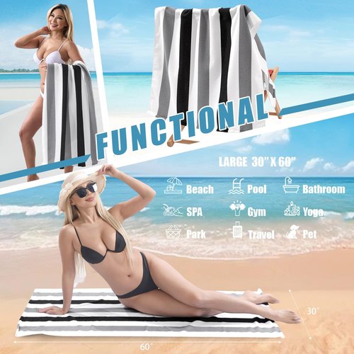 Beach Towel Set - Skiennix 4-Pack Quick-Dry Sand-Free Stripe Towels | 30"x60" Soft Absorbent Grey/Black