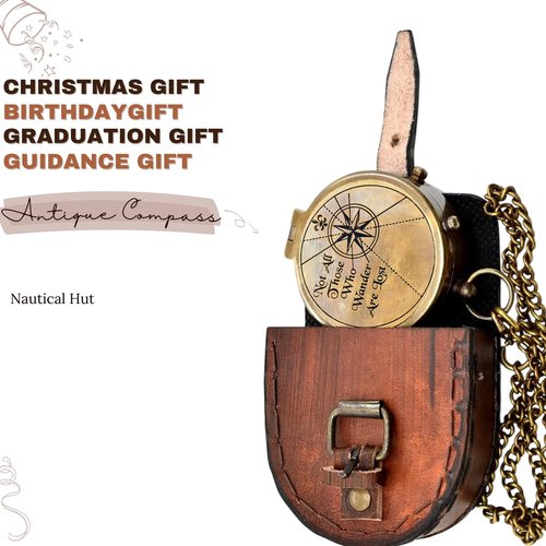 Engraved Brass Pocket Compass with Leather Case & Chain – “Not All Those Who Wander are Lost” – Vintage Navigation Compass Gift for Hiking, Graduation, Husband, or Son