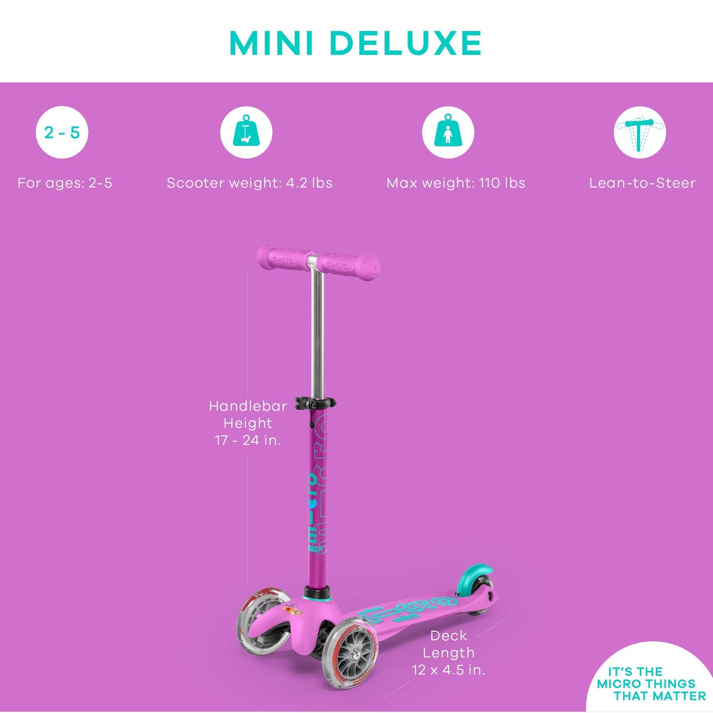 Micro Kickboard | Mini Kids Scooter for Ages 2-5 | Children up to 110 lbs | 3 Wheel Lean-to-Steer Design | Adjustable T Bar | Smooth Ride PU Wheels | Swiss Design