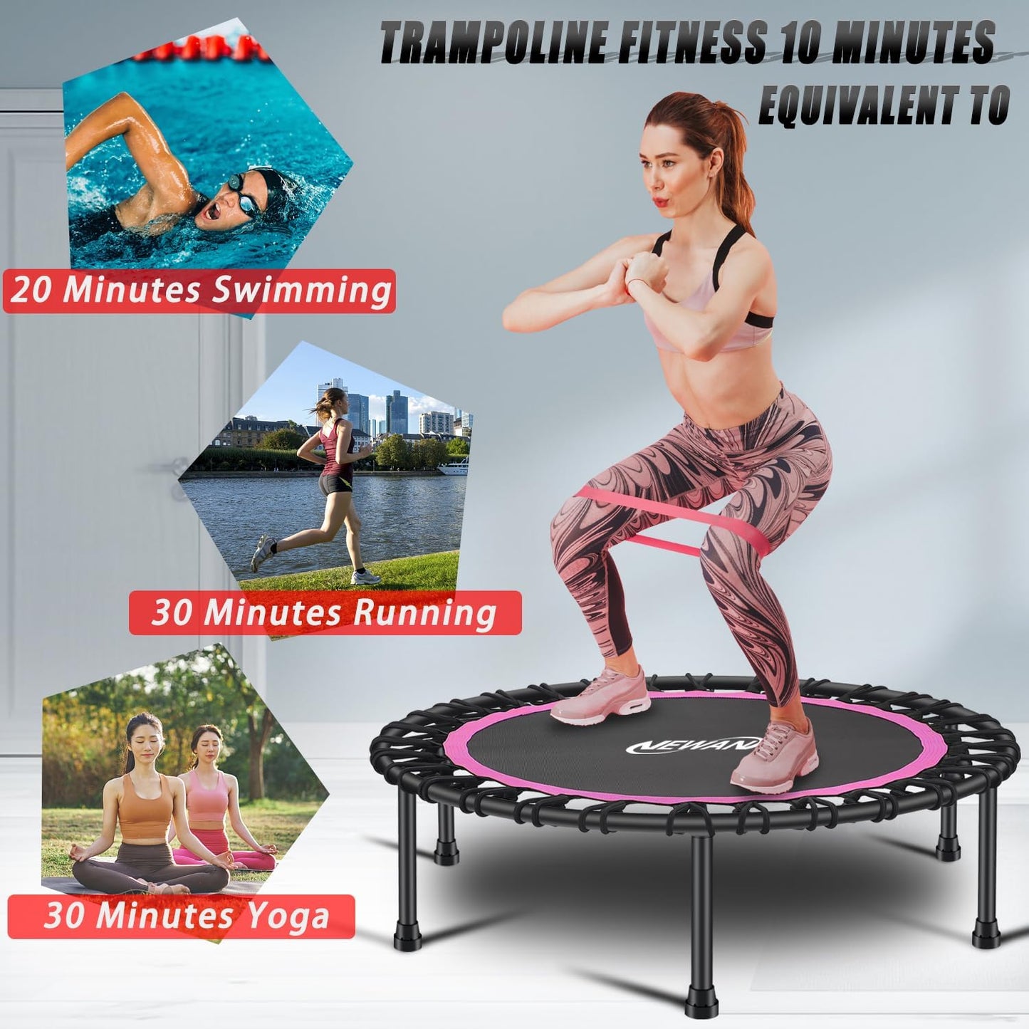 Newan Silent Mini Trampoline - 40"-48" Fitness Bungee Rebounder for Adults | Max Weight 330lbs