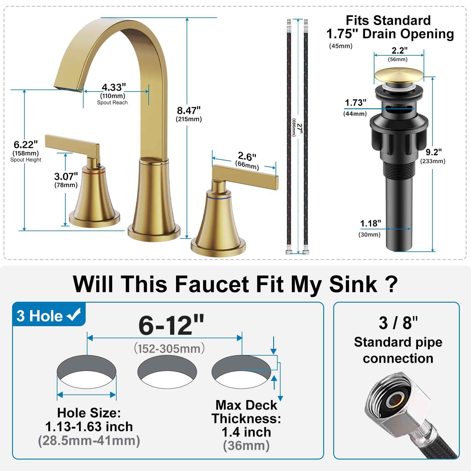 HURRAN 8 Inch Bathroom Sink Faucet, 3 Hole Widespread Bathroom Faucets with Pop Up Drain, Bar Faucet with Cache Aerator, Brushed Gold