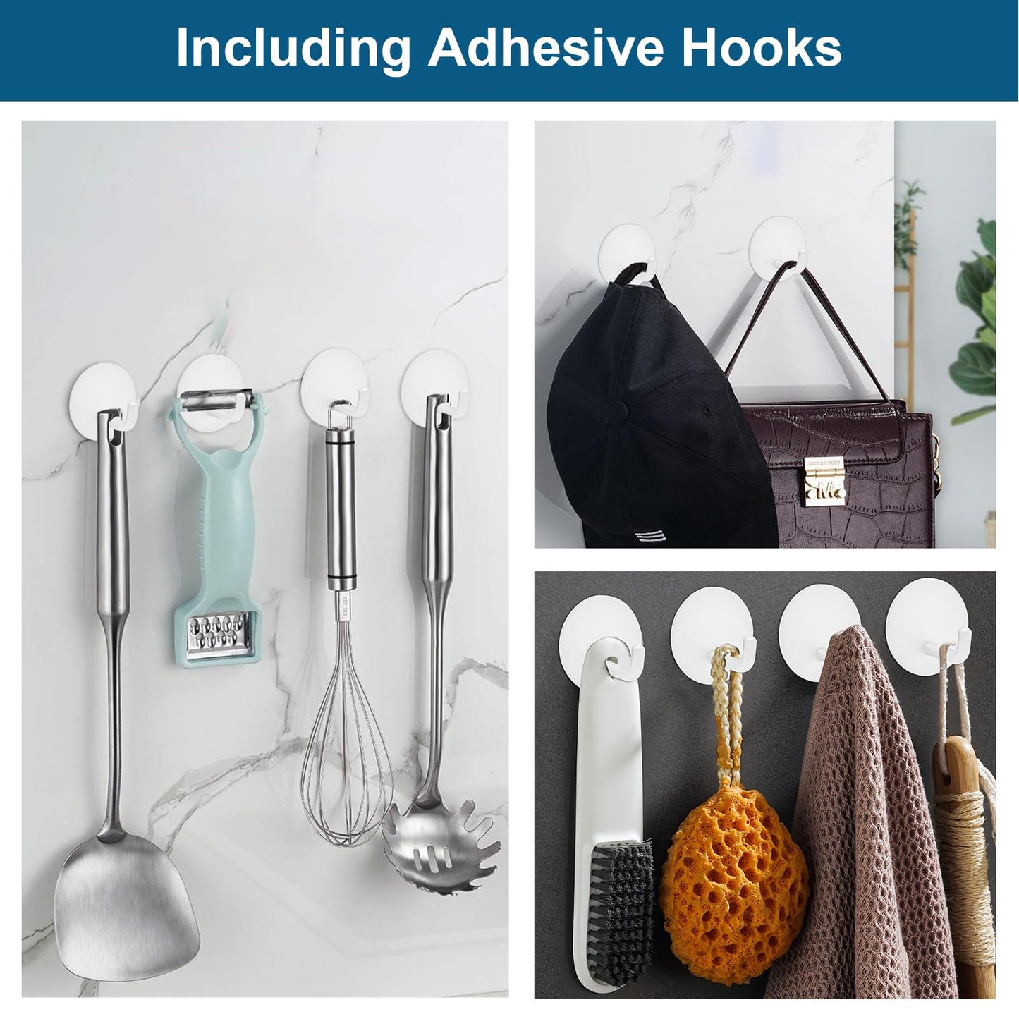 Diesisa Razor Holder for Shower + Adhesive Wall Hooks, Premium 304 Stainless Steel Shower Razor Holder with Heavy Duty Waterproof Sticky Hooks for Hanging Towels, Coat, hat (2+2 Pack)-White