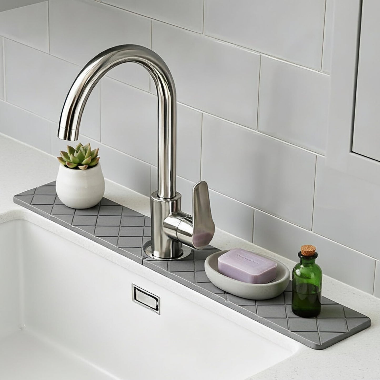 Stone Faucet Mat for Kitchen Sink & Stone Drying Tray for Bathroom, Ultra Fast Absorbing Mat Diatomaceous Earth, 2 Pieces Faucet Mat Together(23.6in * 4in) with a Rag, Stylish Home Gift(Gray)