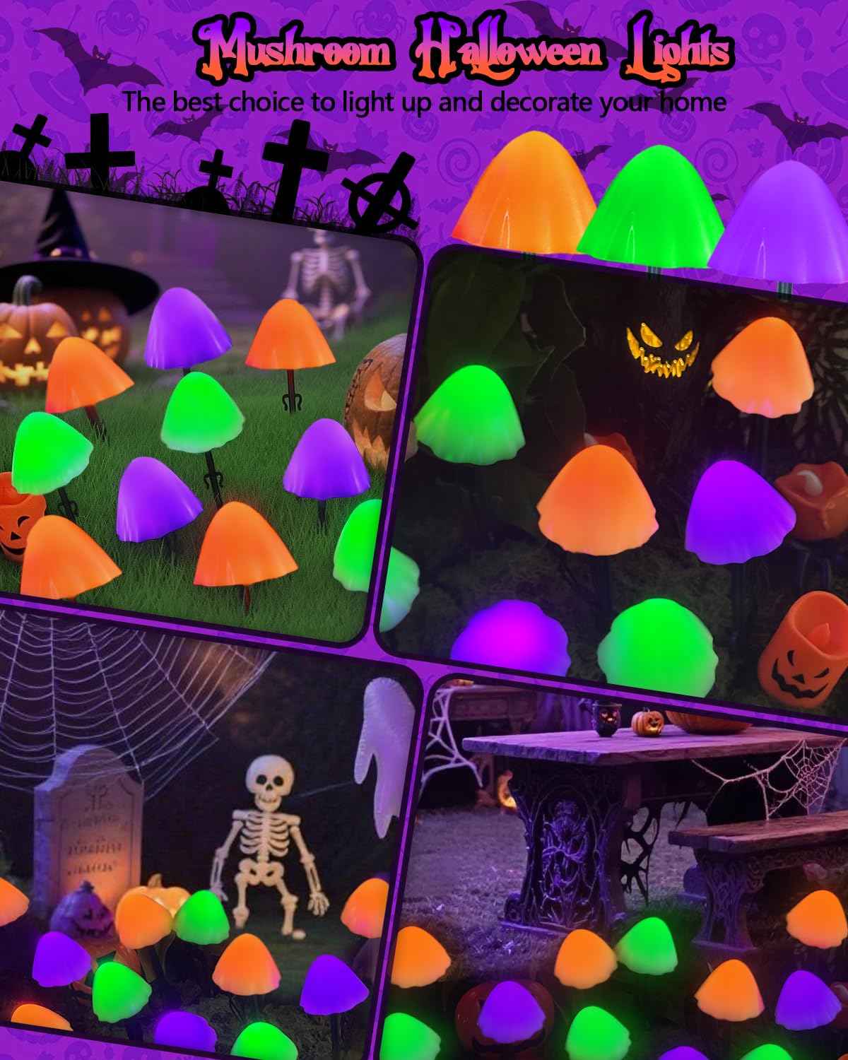 OZS 2PK 55FT 32LED Halloween Orange Purple and Green Solar Mushroom Lights Outdoor, Solar String Light with 8 Lighting Modes Auto On/Off, Halloween Garden Lights for Witch Decorations
