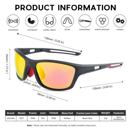 Solsun Polarized Sunglasses for Men Woman, Sport Wrap Around Sun Glasses UV Protection for Fishing Driving Cycling (Style 01 (2-Pack), A06-Sports Sunglasses-Blue Lens & Red Lens)