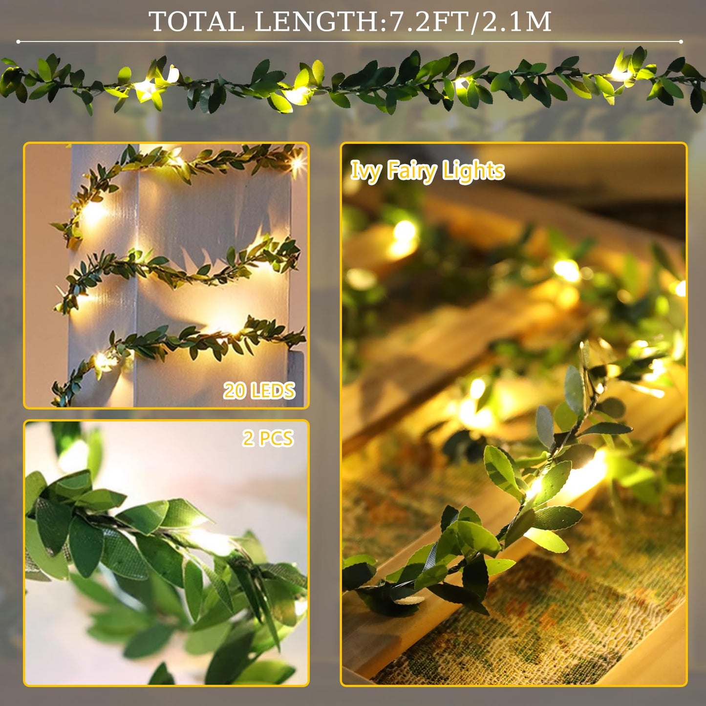 2 Pack 6ft Fairy Lights with Green Leaf Garland, Battery Operated,20 LED Artificial Garland Plant Vine Light Perfect for Bedroom, Christmas,Wall, Garden, Wedding, Party Centerpiece,Decor (Warm White)
