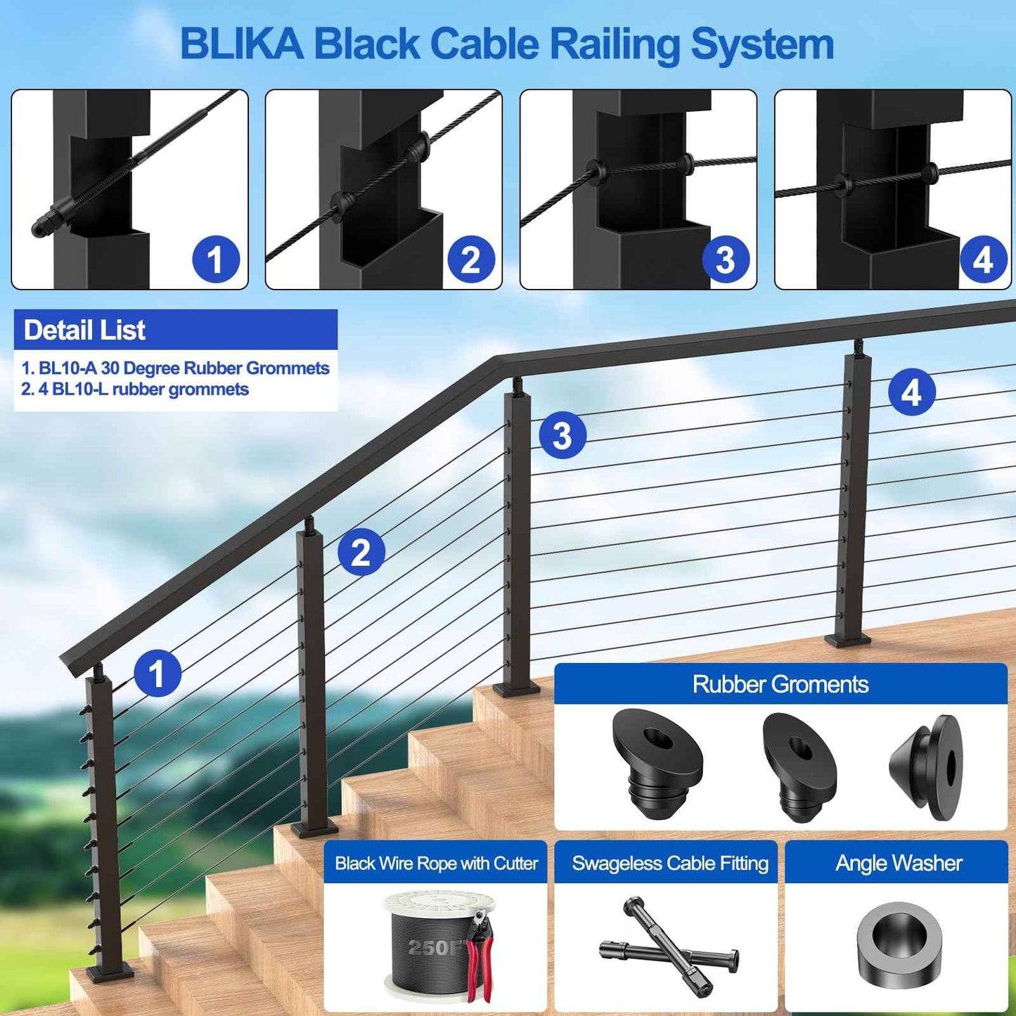 BLIKA 50 Pack 30 Degree Cable Railing Rubber Grommets for 1/8" 5/32" 3/16" Cables for Metal Cable Railing Posts, 30 Degree Angle Beveled Protector Sleeves, 1/8" Cable Railing Grommet, BL10-A