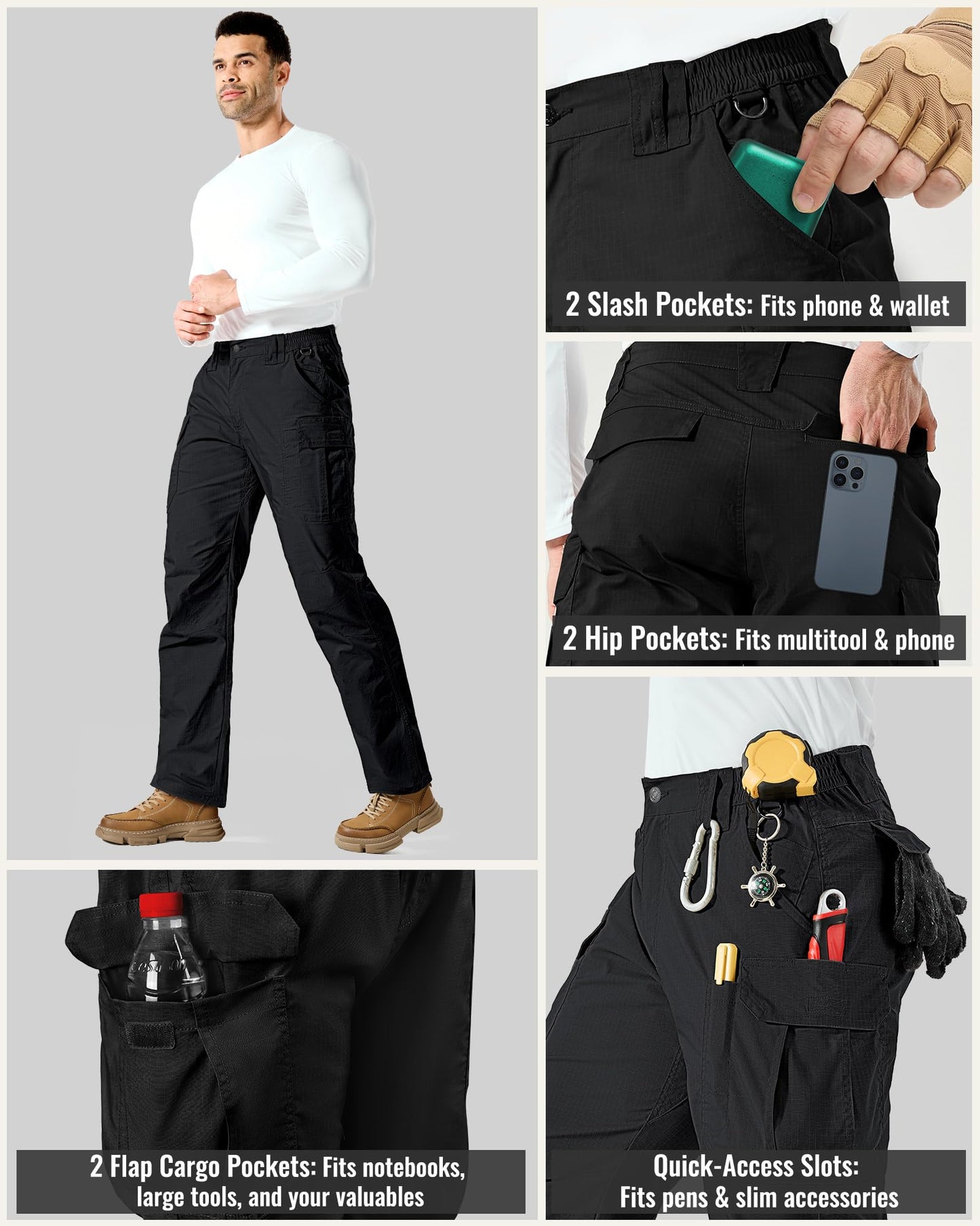 IGOLUMON Ripstop Tactical Work Pants for Men, Stretch Cargo Hiking Pants with 6 Utility Pockets, Reinforced Knees Black