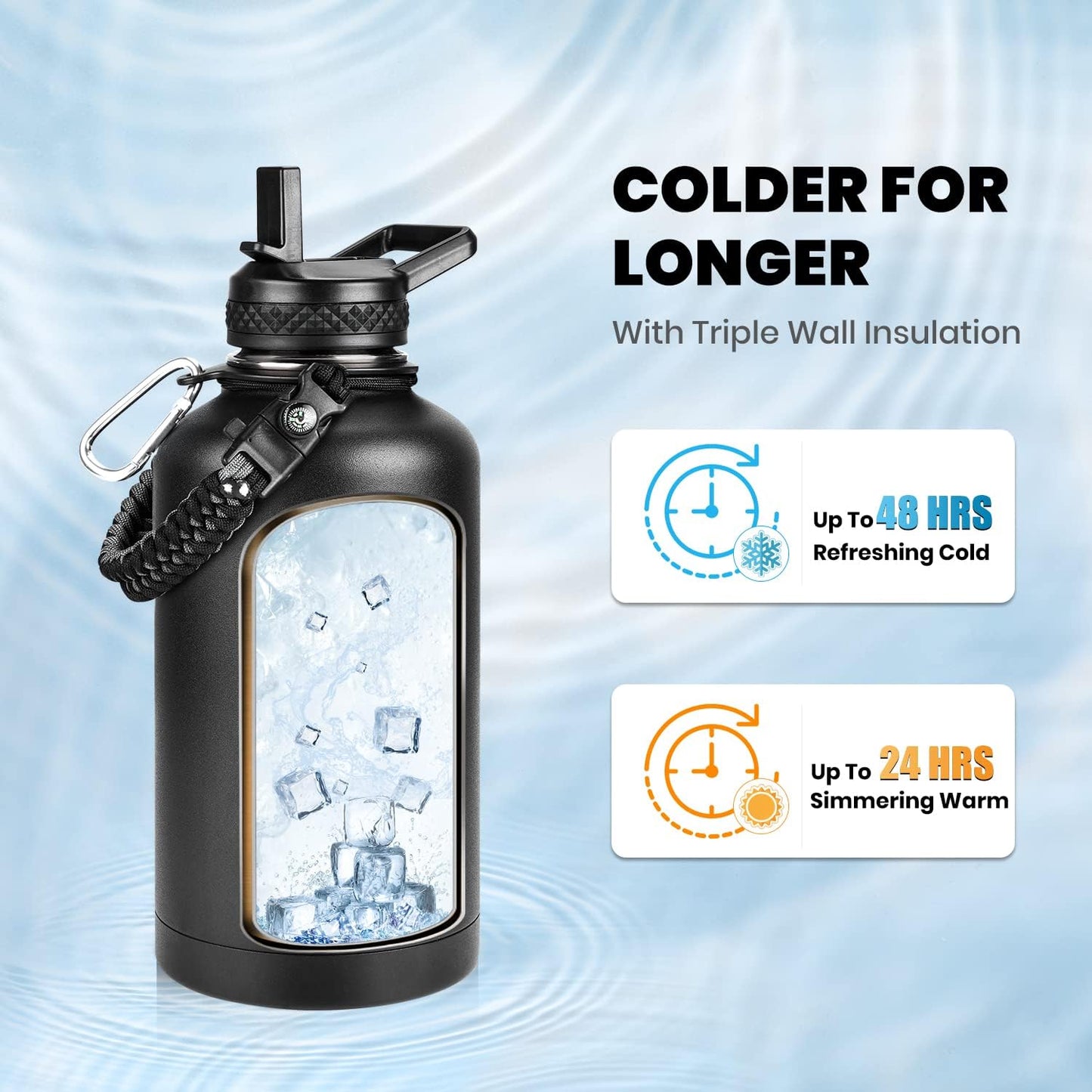 RAYMYLO Insulated Water Bottle - 64 Oz Triple Wall Vacuum Stainless Steel | Cold for 48 Hrs, Leak Proof, Magic Black
