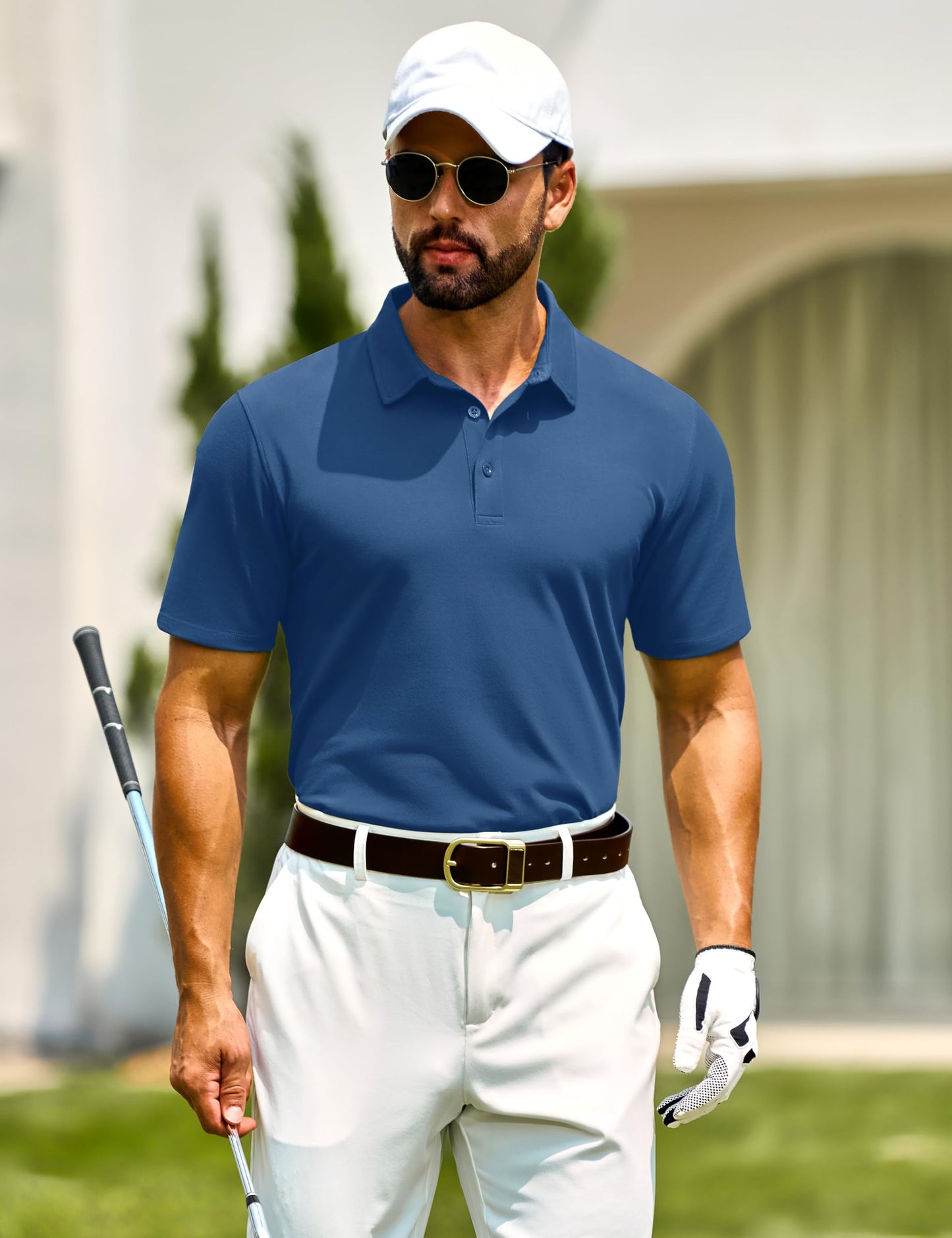 Cotrasen Polo Shirts for Men Cotton Pique Short Sleeve T-Shirts 3 Buttons Classic Fit Casual Athletic Performance Golf Tee Shirts Blue Gray L