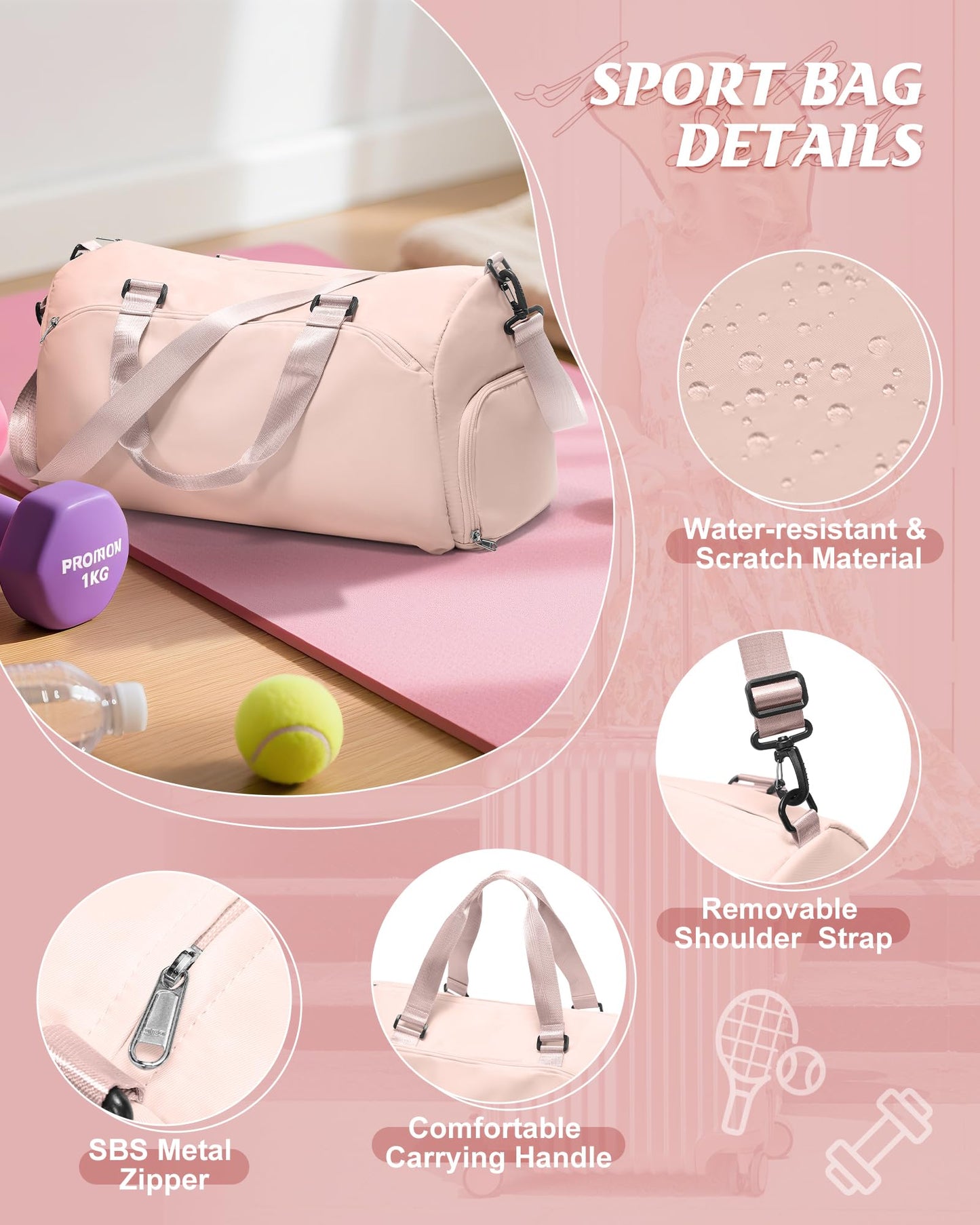 Gym Bag for Women with Shoe Compartment Lightweight Travel Duffle Bags Carry on Bag Overnight Weekender Duffel Bag with Wet Pocket Personal Item Travel Bag Tote Bag Workout Dance Bag Pink