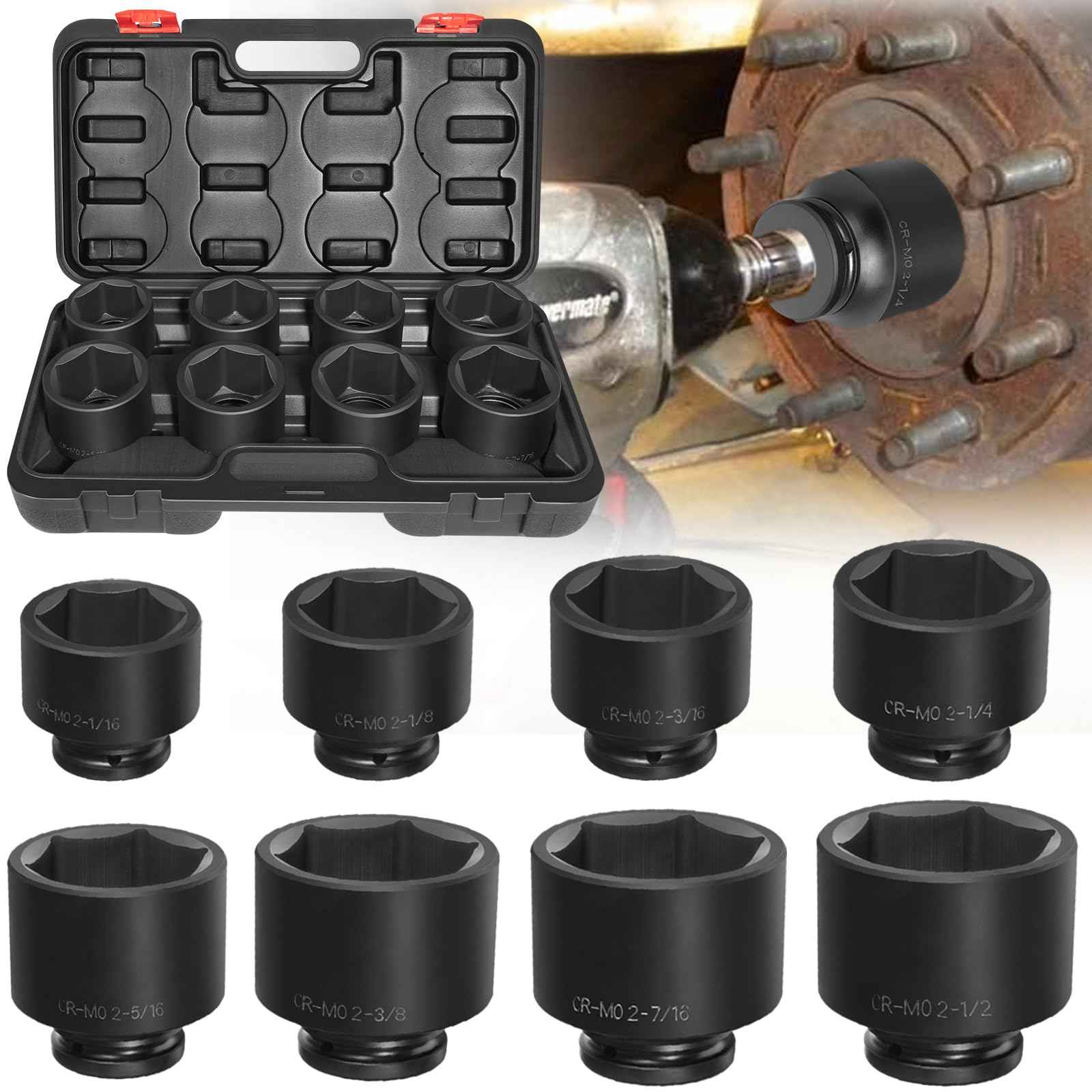 3/4" Drive Spindle Axle Nut Impact Socket Set, 6 Point Large Socket Set, CR-MO, 2-1/16" to 2-1/2", Heavy Duty Impact Socket Set Use In Removing And Installing Axle Nuts