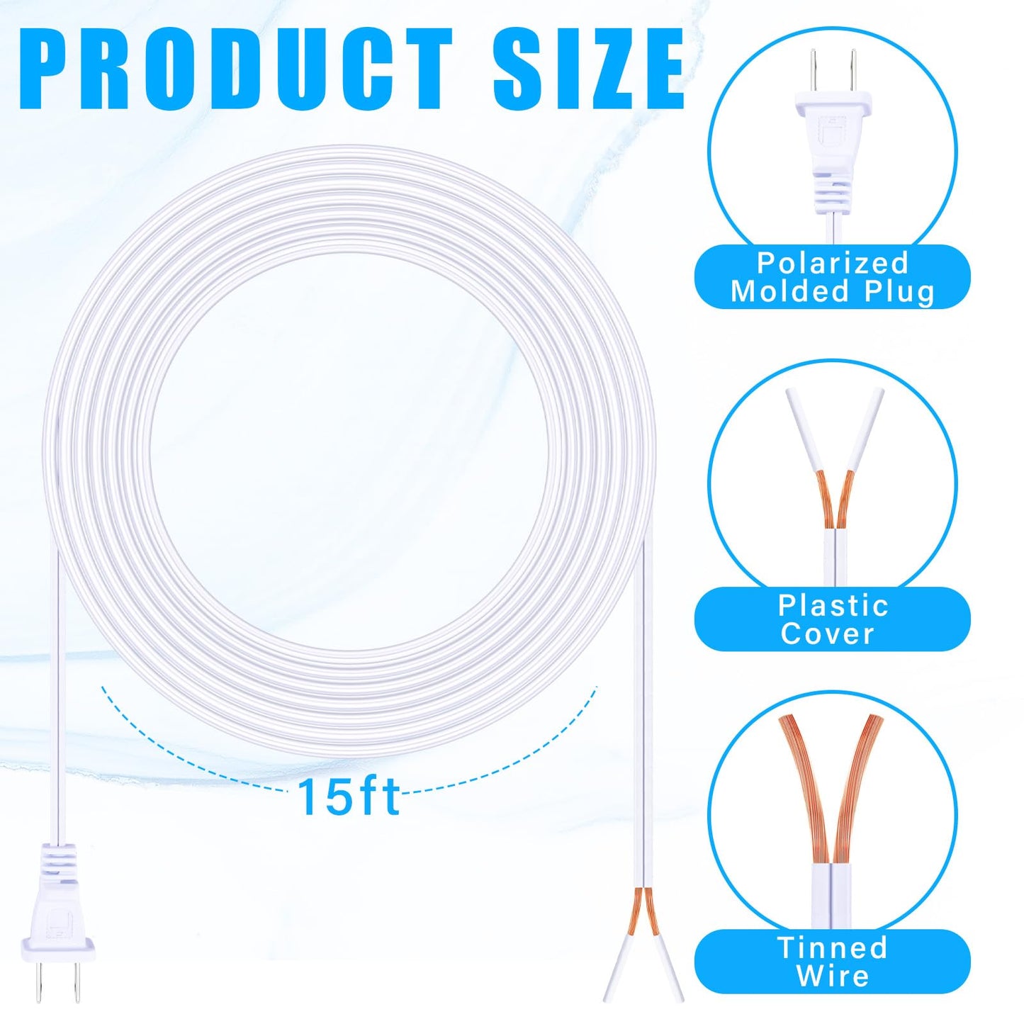 Saysurey Lamp Cord with End Plug Replacement Electric Lamp Wire Clear 18/2 SPT-1 Wire Stripped End Ready for Wiring Repair Part for Table Floor Lighting Fixture(15ft,White)