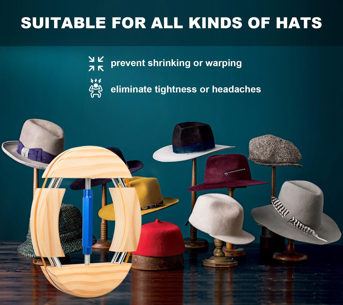 Hat Stretcher 4 Way, Hat Stretcher for Fitted Hats Size 6 7/8 to 8 1/2, Extender Widener Reshaper Fits All Caps - Solid Wood, Heavy Duty of Hats Jack Stretchers for Cowboy Baseball Caps