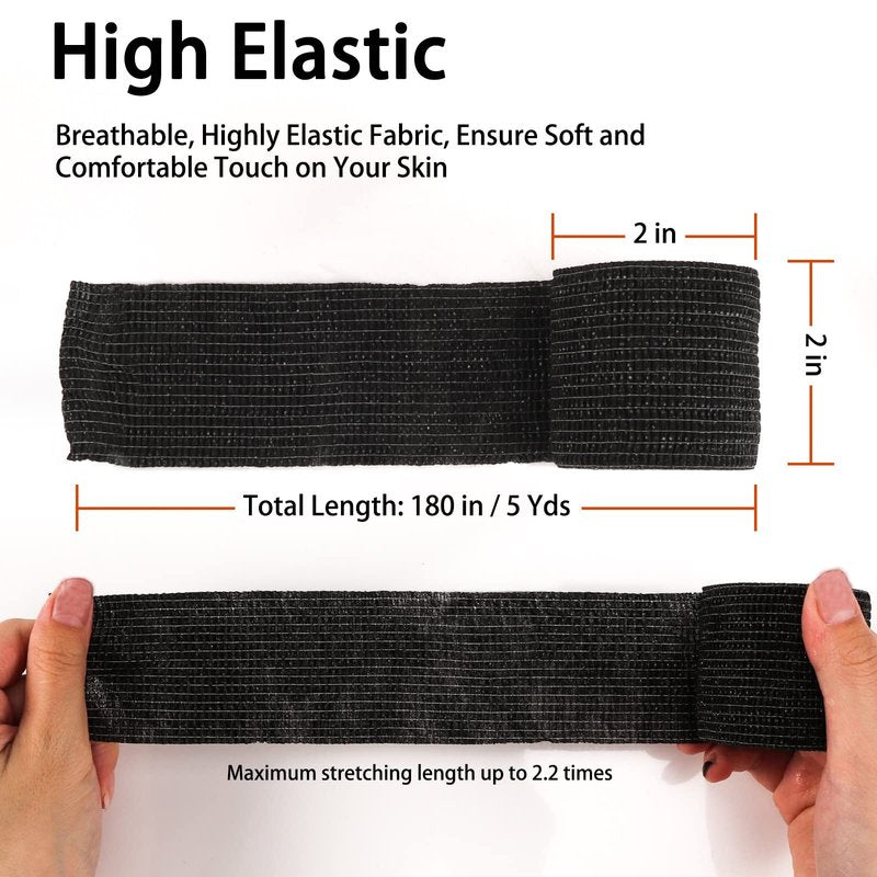 24 Pack Self Adherent Cohesive Bandage Wrap, 2” x 5 Yards Elastic Grip Tape Black Vet Wrap for Dogs, Athletic Bandages Wrap for First Aid Medical, Sports, Ankle, Wrist Sprains