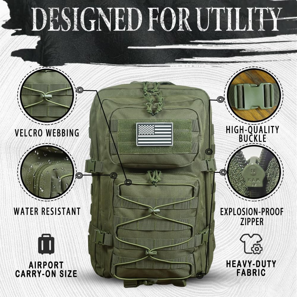 Skiennix Military Tactical Backpack - 3-Day Assault Pack | Molle Bug Out Bag - Black, 38L Capacity