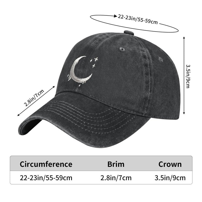 ANSGSD Goth Crescent Moon Hat, Adjustable Embroidered Washed Baseball Cap for Men Women