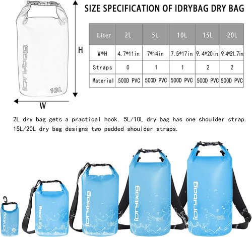 IDRYBAG Clear Dry Bag - Waterproof Storage for Kayaking | Available in 2L, 5L, 10L, 15L, 20L Sizes