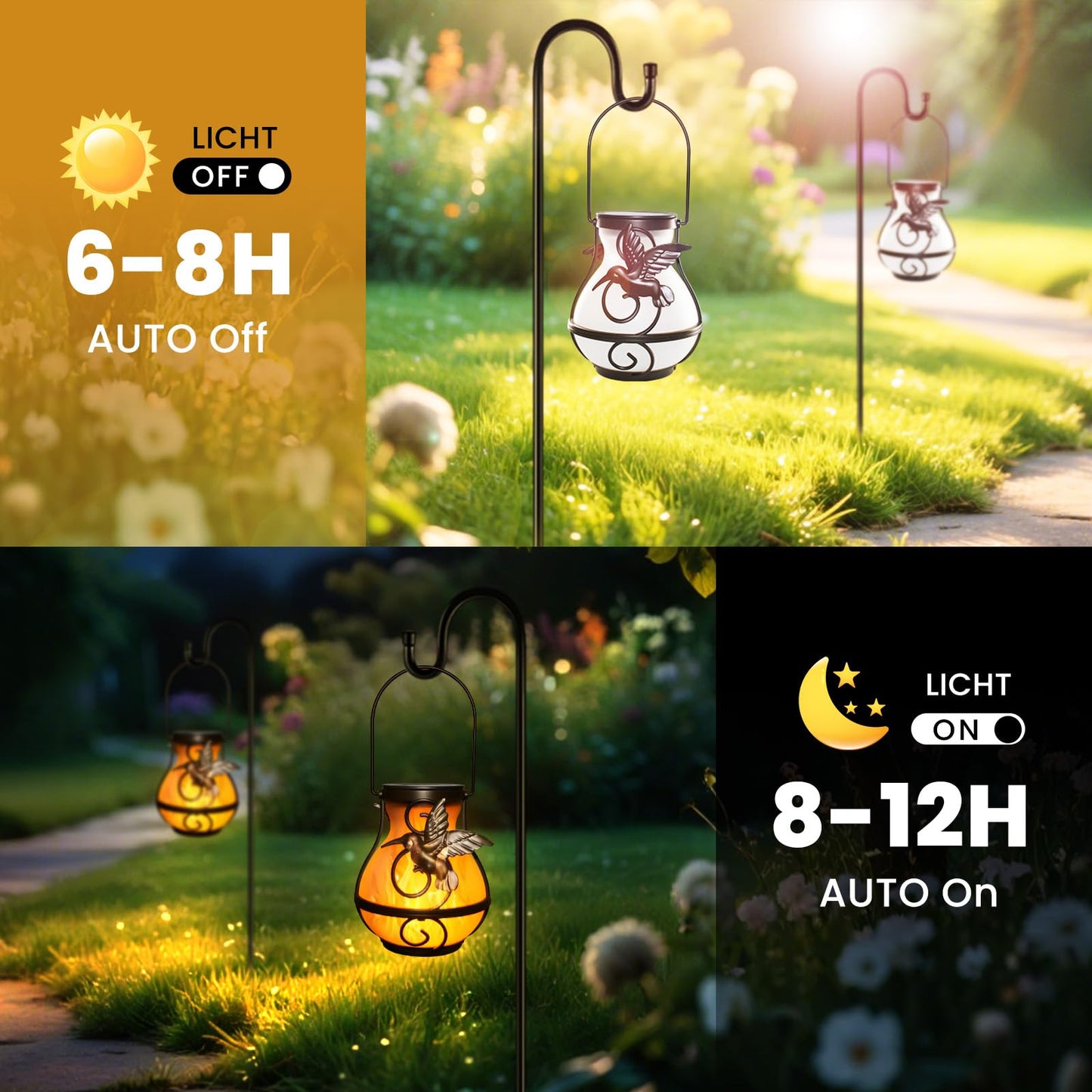 2 Pack Solar Lanterns Outdoor Waterproof, Hanging Hummingbird Flickering Flame Light Garden Decor Hanging Lights Decorative for Outside Patio Pathway Yard Christmas Birthday Gifts